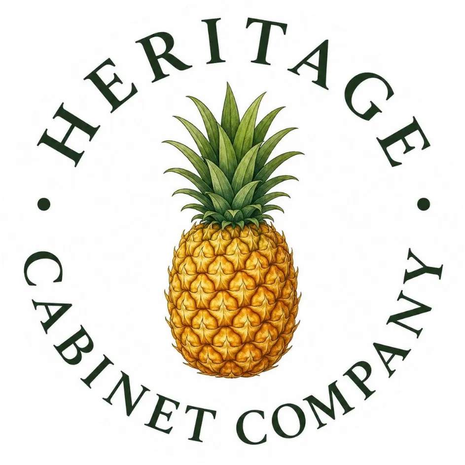 A pineapple illustration with the text “Heritage Cabinet Company” in a circle around it.