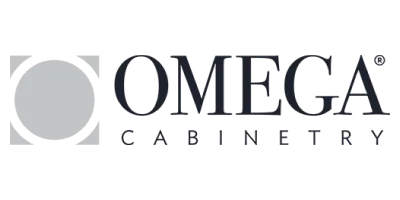 Omega Cabinetry logo with a gray circle in a square next to the company name in black text.